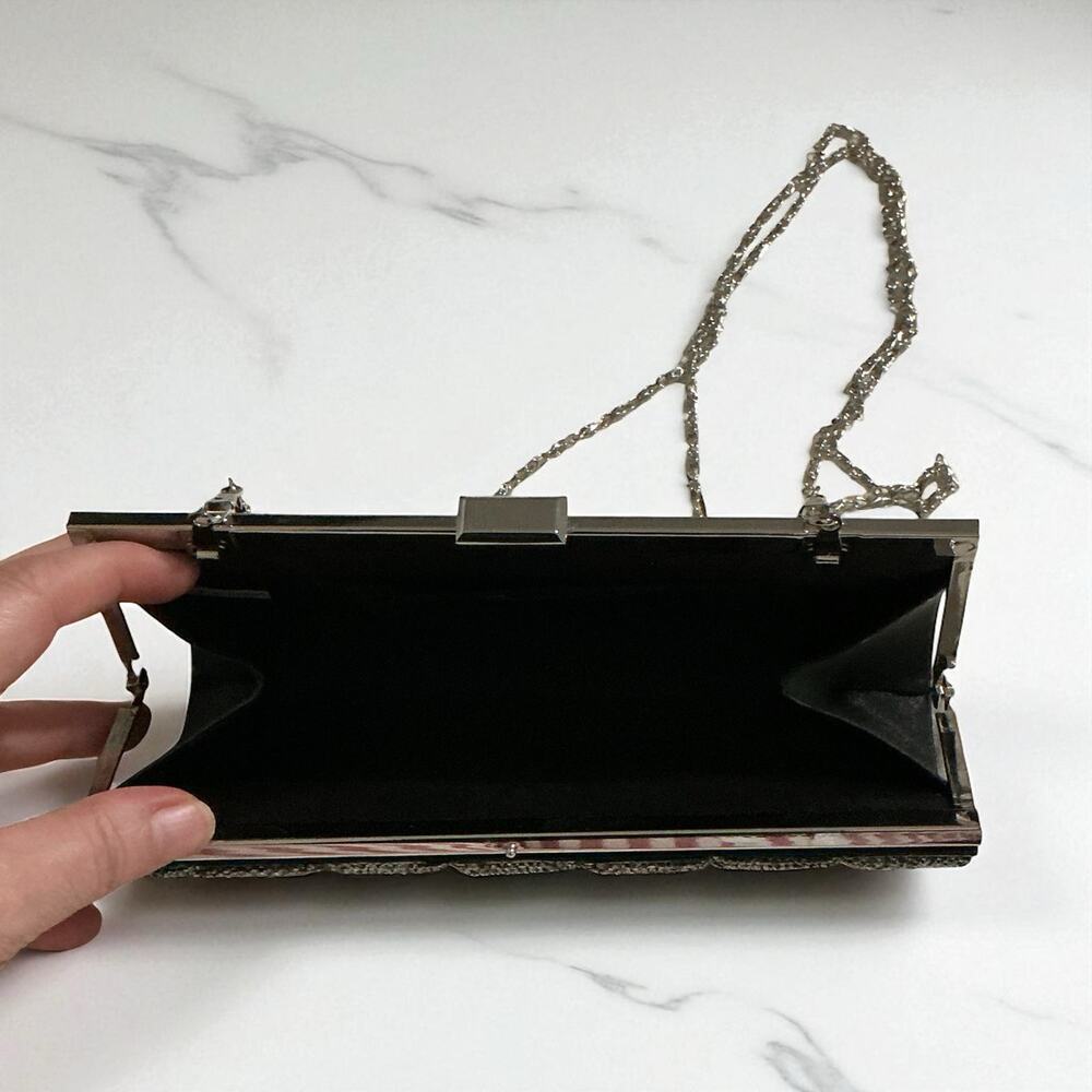 RSVP Y2K Black Satin Evening Bag w/ Silver Square Detail & Chain Strap - Picture 4 of 10
